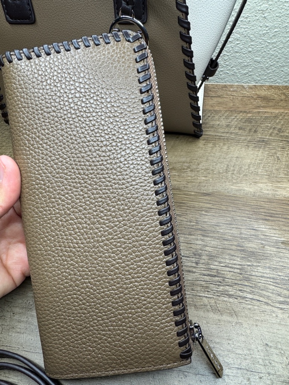 Michael Avril Kors Taupe, Cream & Dark Brown Whipstitch Satchel with Wallet - Picture 9 of 10